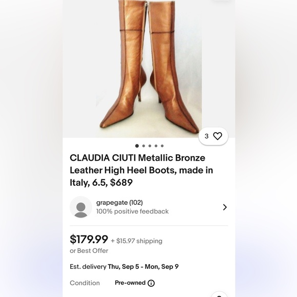 CLAUDIA CIUTI Metallic Bronze Leather High Heel Boots, made in Italy - Picture 6 of 6